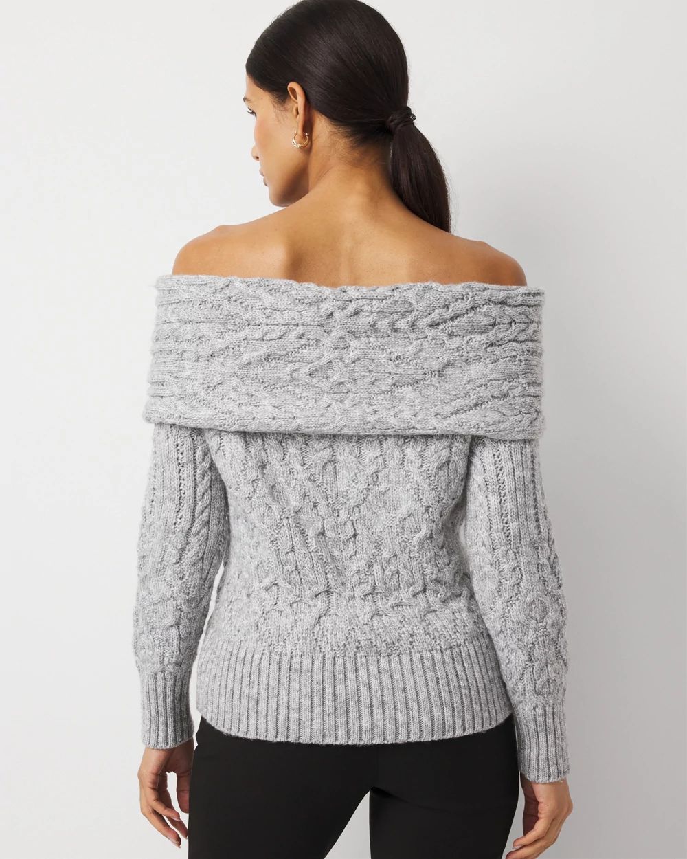 Off-The-Shoulder Rhinestone Cable Knit Sweater | White House Black